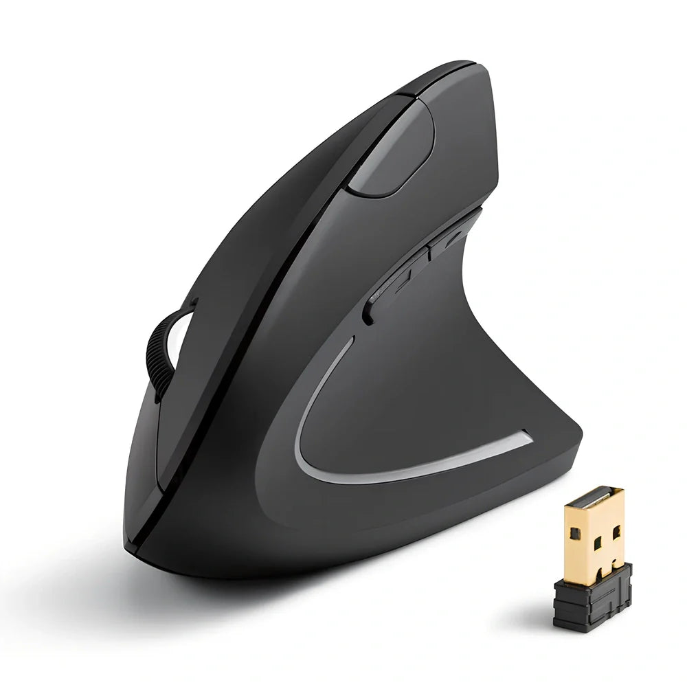 Black ergonomic vertical computer mouse with 57-degree angle, rubber grips, and USB receiver