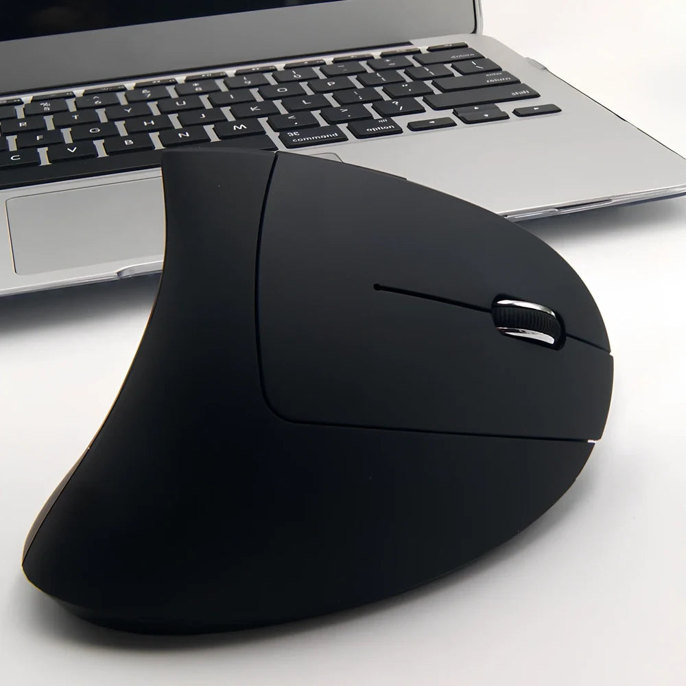 Black ergonomic vertical computer mouse with 57-degree angle, rubber grips, and USB receiver