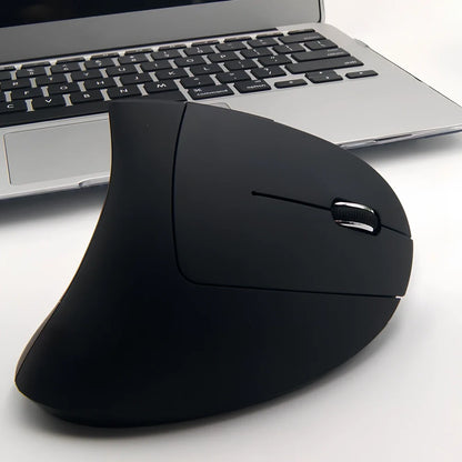 Black ergonomic vertical computer mouse with 57-degree angle, rubber grips, and USB receiver