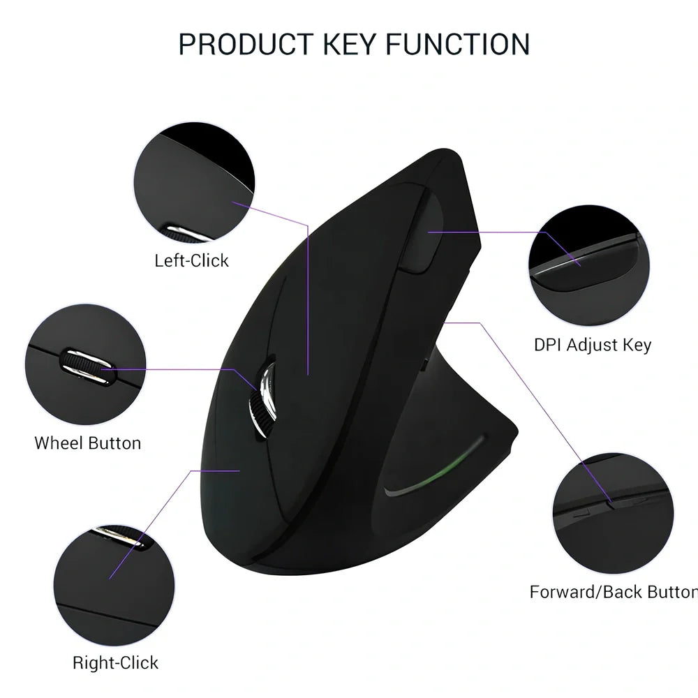 Black ergonomic vertical computer mouse with 57-degree angle, rubber grips, and USB receiver