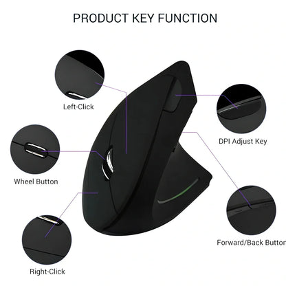 Black ergonomic vertical computer mouse with 57-degree angle, rubber grips, and USB receiver
