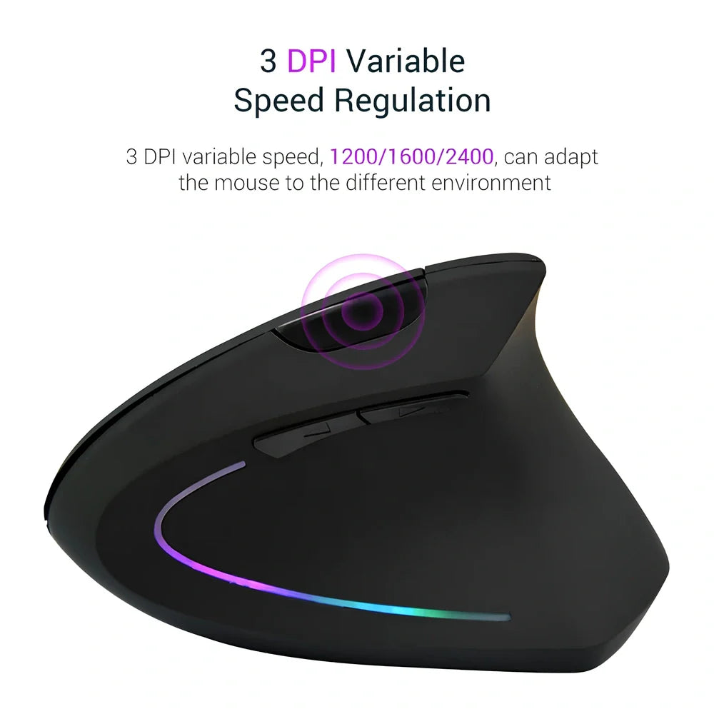 Black ergonomic vertical computer mouse with 57-degree angle, rubber grips, and USB receiver