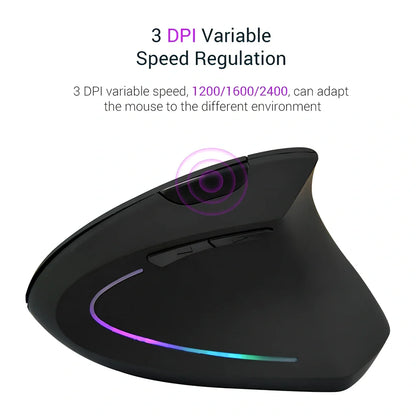 Black ergonomic vertical computer mouse with 57-degree angle, rubber grips, and USB receiver