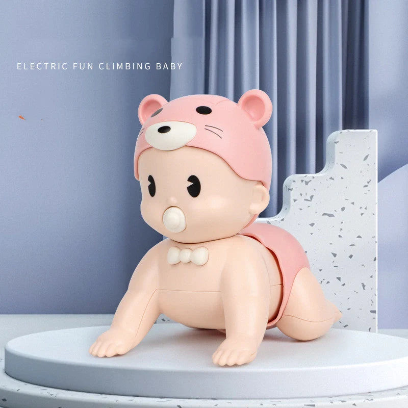Electric crawler baby doll in blue and pink promoting early learning through music and movement