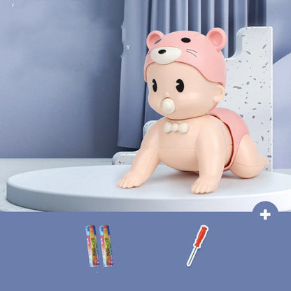 Electric crawler baby doll in blue and pink promoting early learning through music and movement