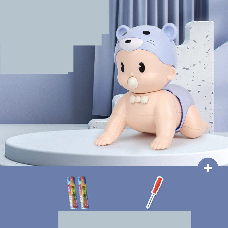 Electric crawler baby doll in blue and pink promoting early learning through music and movement