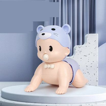 Electric crawler baby doll in blue and pink promoting early learning through music and movement