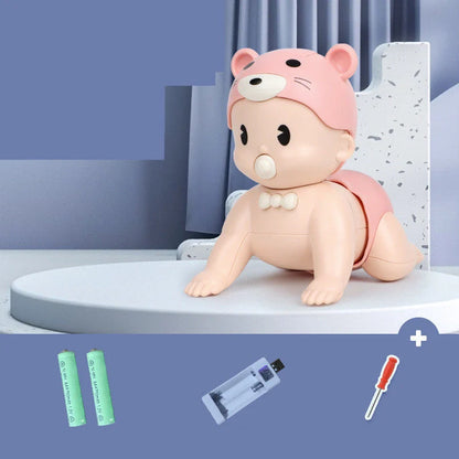Electric crawler baby doll in blue and pink promoting early learning through music and movement