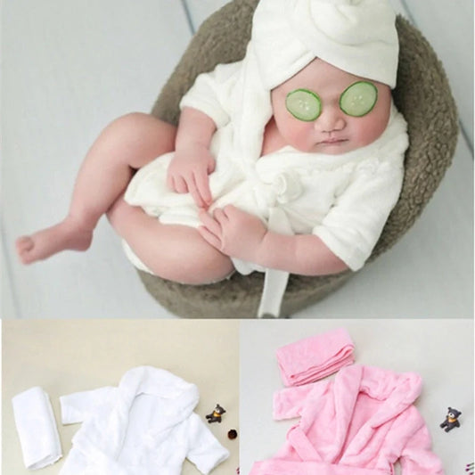 Baby bathrobe and towel set in pink and white, perfect for newborns and infants
