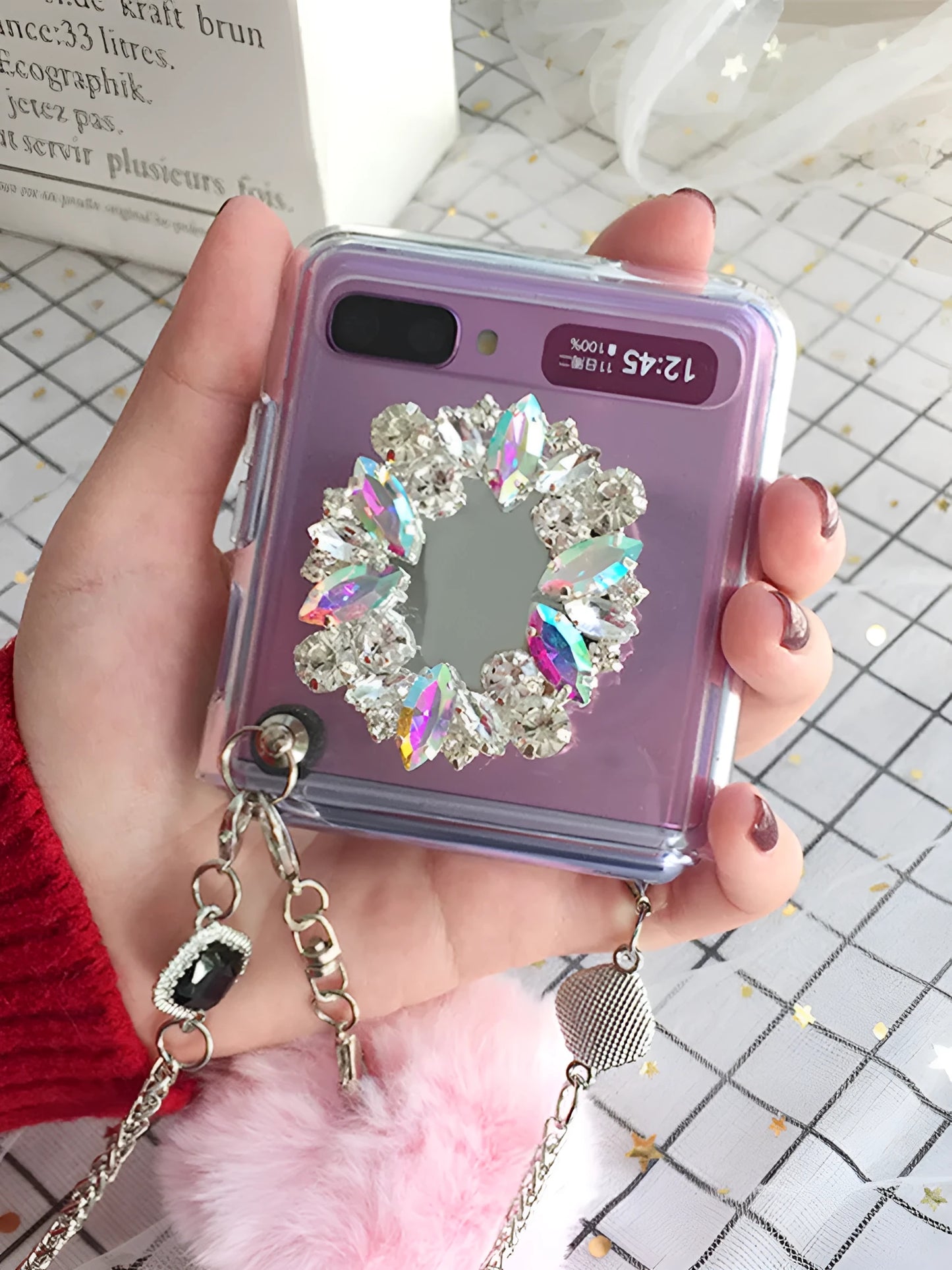 Samsung Galaxy Z Flip folding protective cover with diagonal diamond hair powder hair ball cartoon design