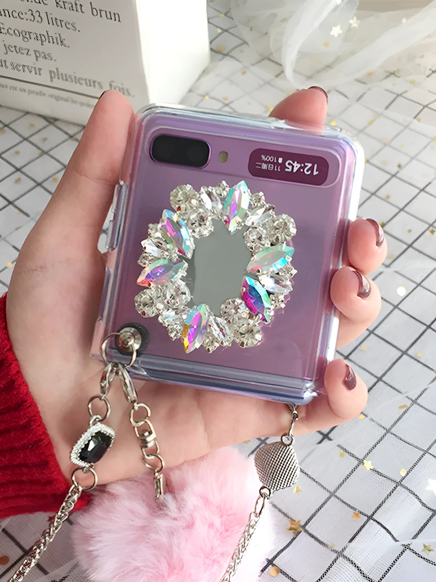Samsung Galaxy Z Flip folding protective cover with diagonal diamond hair powder hair ball cartoon design