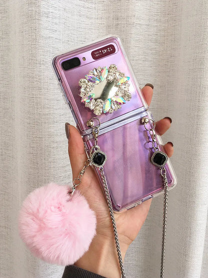 Samsung Galaxy Z Flip folding protective cover with diagonal diamond hair powder hair ball cartoon design