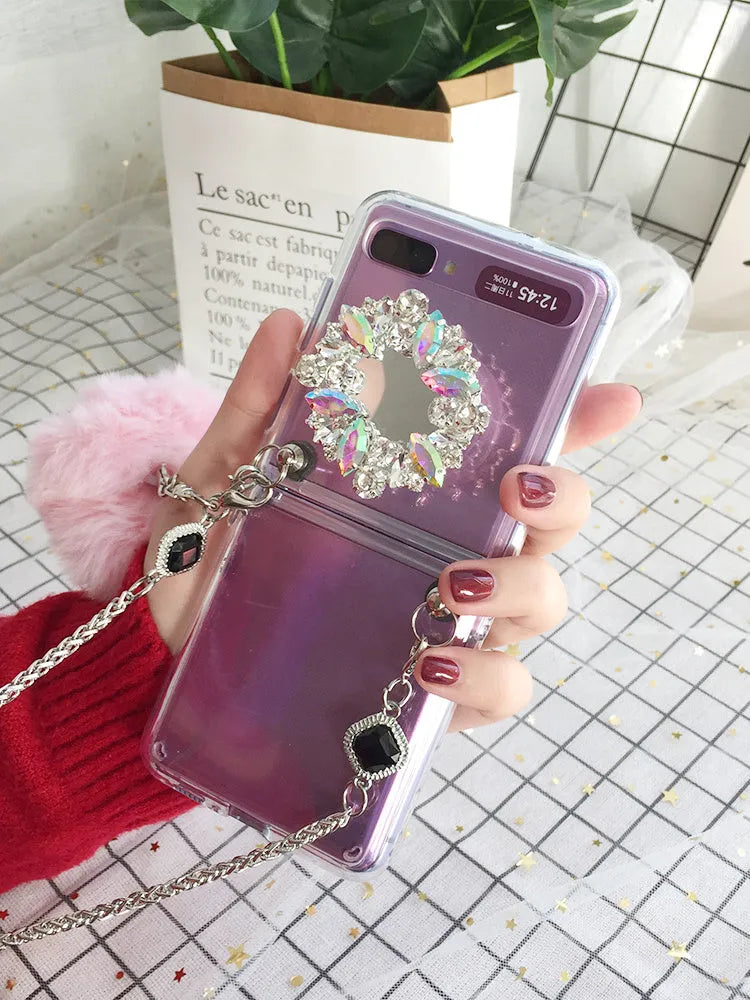 Samsung Galaxy Z Flip folding mobile phone protective cover case in diagonal diamond hair powder hair ball cartoon style design
