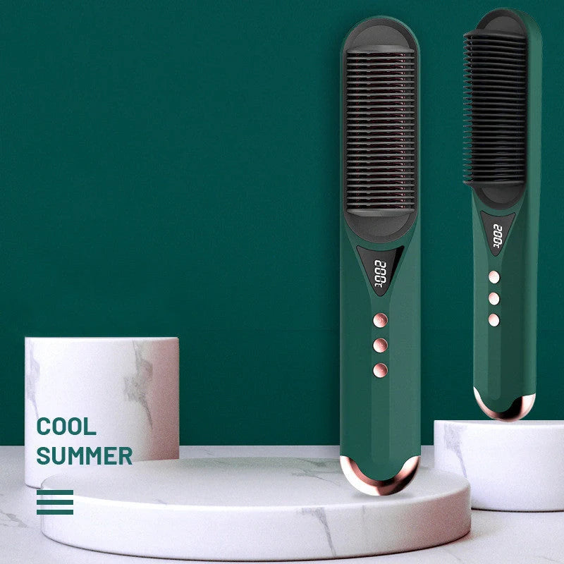 Dark green beard comb with PTC heating technology for straight and curly hair