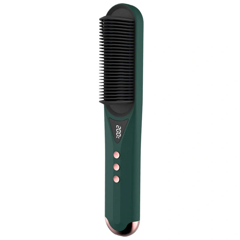 Dark green beard comb with PTC heating technology for straight and curly hair
