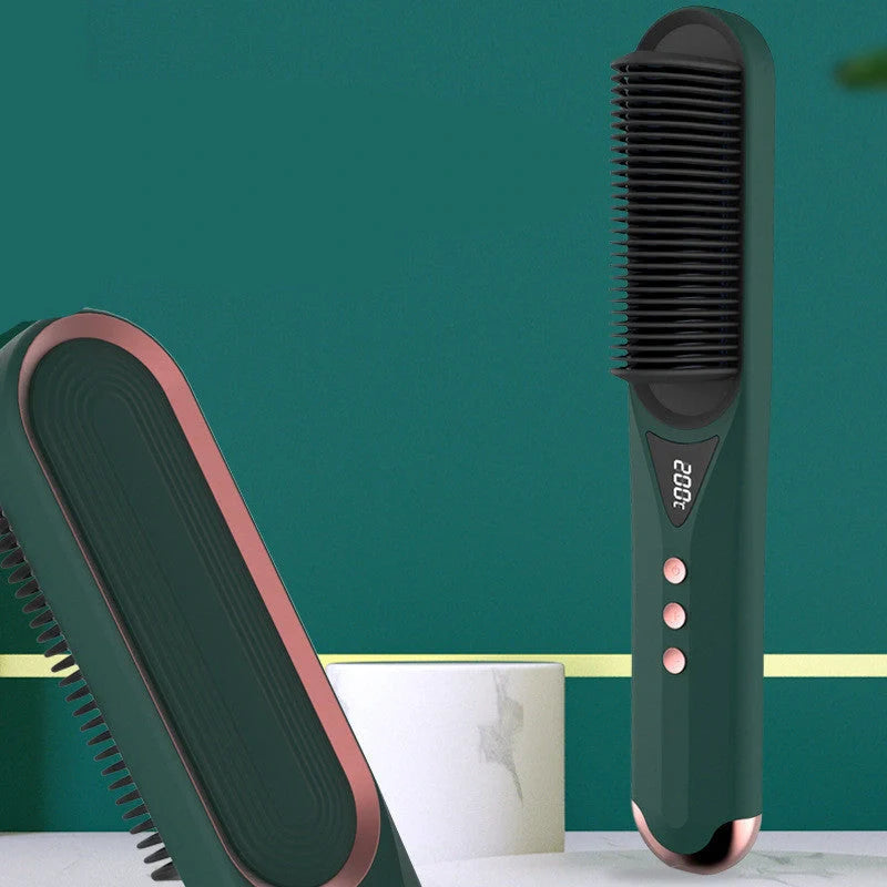 Dark green beard comb with PTC heating technology for straight and curly hair
