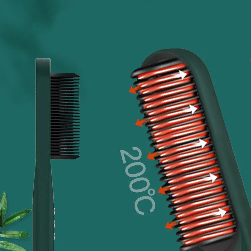 Dark green beard comb with PTC heating technology for straight and curly hair