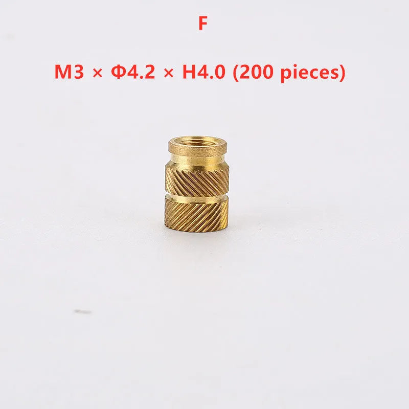 Brass hot melt copper nuts showing M2 and M3 thread sizes with measurement indicators