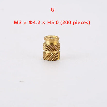 Brass hot melt copper nuts showing M2 and M3 thread sizes with measurement indicators