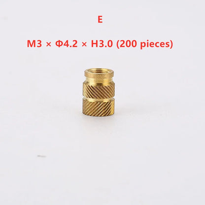 Brass hot melt copper nuts showing M2 and M3 thread sizes with measurement indicators