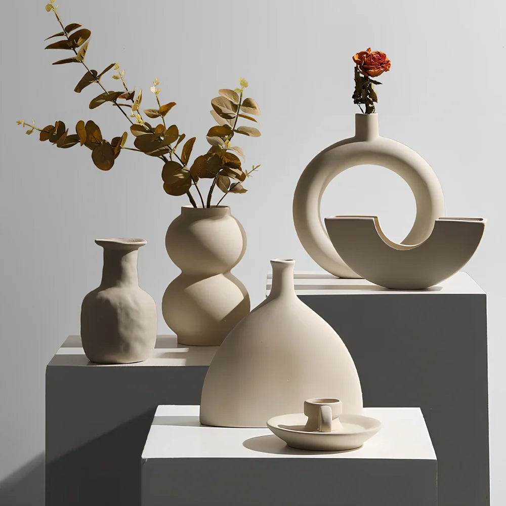 Geometric handmade ceramic vase with painted surface, 18-25cm height, modern minimalist design