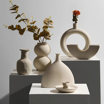 Geometric handmade ceramic vase with painted surface, 18-25cm height, modern minimalist design