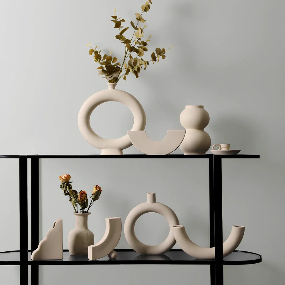Geometric handmade ceramic vase with painted surface, 18-25cm height, modern minimalist design