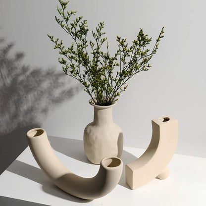 Geometric handmade ceramic vase with painted surface, 18-25cm height, modern minimalist design
