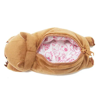 Cartoon wombat family plush pencil case with zipper closure in black, brown, or khaki colours