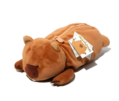 Cartoon wombat family plush pencil case with zipper closure in black, brown, or khaki colours