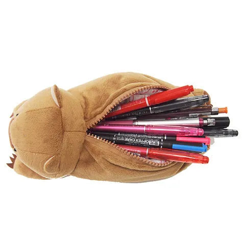 Cartoon wombat family plush pencil case with zipper closure in black, brown, or khaki colours