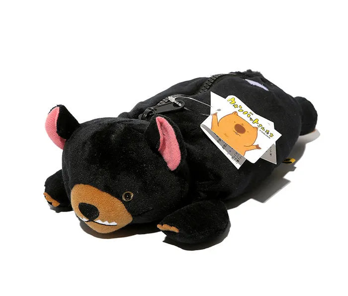 Cartoon wombat family plush pencil case with zipper closure in black, brown, or khaki colours
