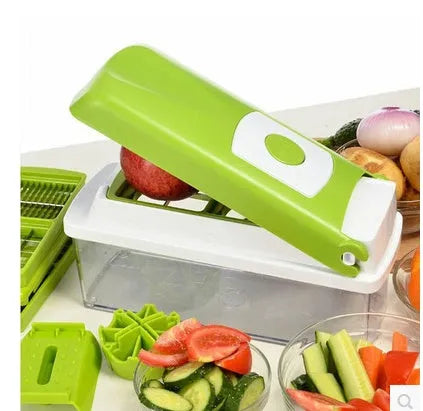 Green 12-piece manual vegetable chopper set with stainless steel blades on kitchen counter