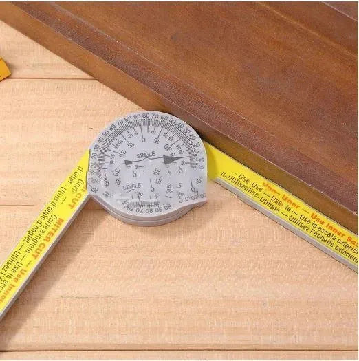 Yellow and white cross-border horizontal angle ruler with laser engraved scales for miter saw measurement transfer
