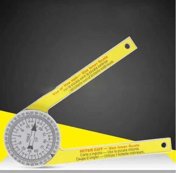 Yellow and white cross-border horizontal angle ruler with laser engraved scales for miter saw measurement transfer