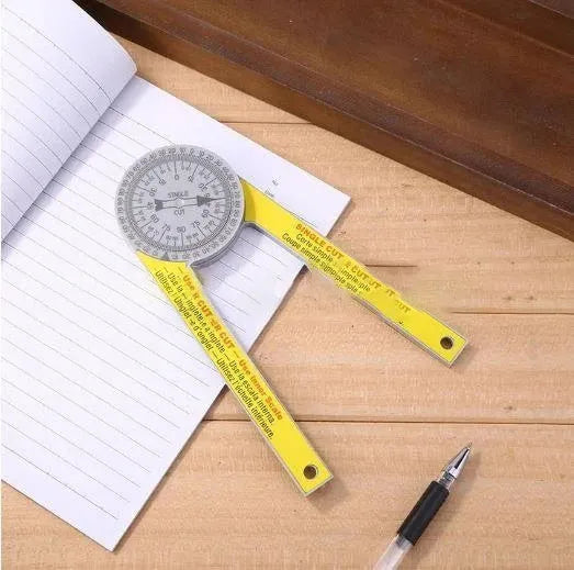 Yellow and white cross-border horizontal angle ruler with laser engraved scales for miter saw measurement transfer