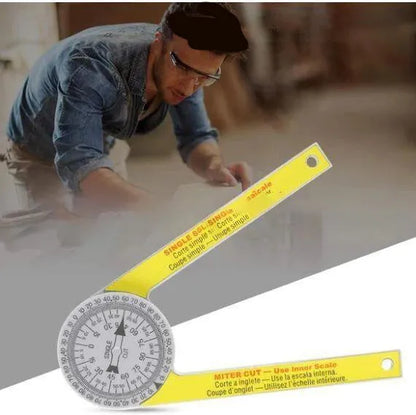 Yellow and white cross-border horizontal angle ruler with laser engraved scales for miter saw measurement transfer