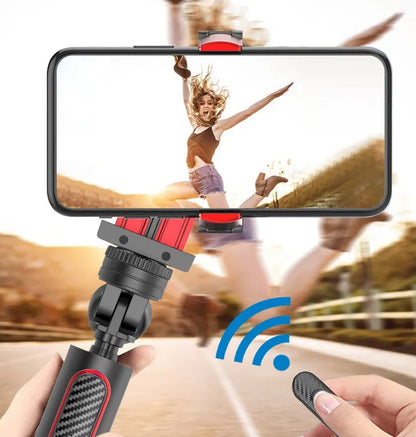 Black red aluminium video stabilizer tripod for Apple iPhone with extended legs and integrated timer