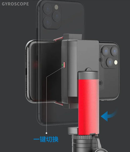 Black red aluminium video stabilizer tripod for Apple iPhone with extended legs and integrated timer