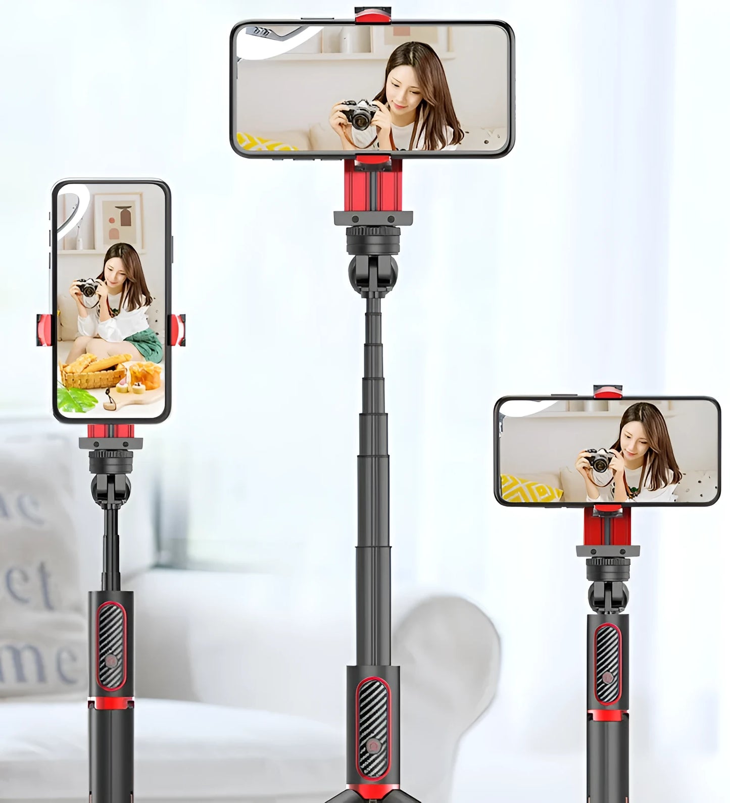 Black red aluminium video stabilizer tripod for Apple iPhone with extended legs and integrated timer