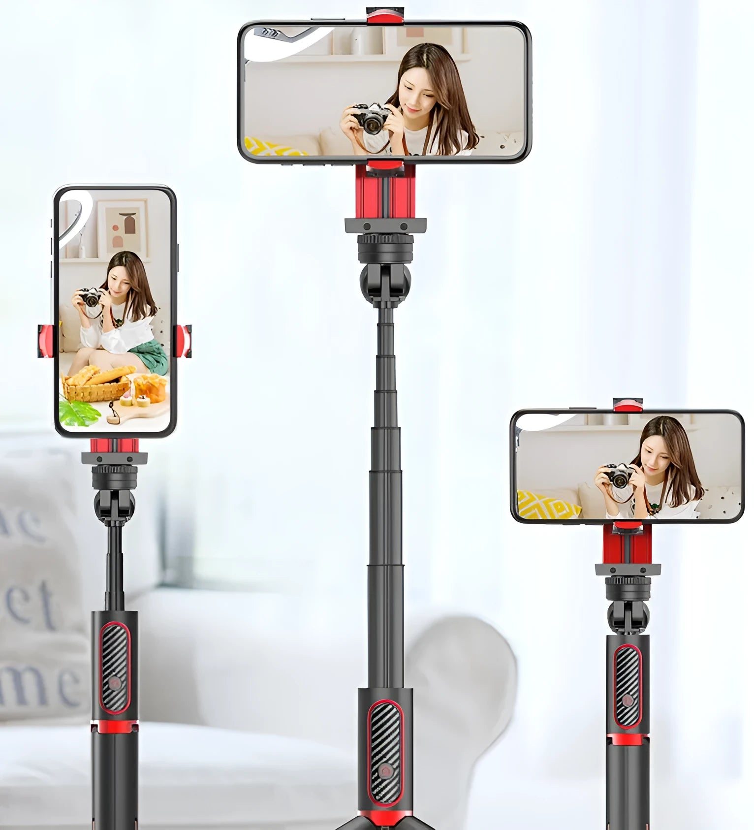 Black red aluminium video stabilizer tripod for Apple iPhone with extended legs and integrated timer