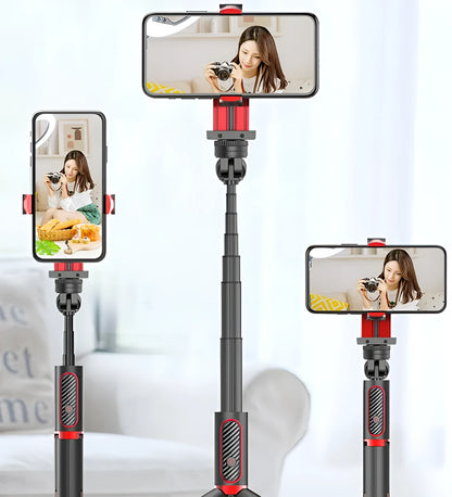 Black red aluminium video stabilizer tripod for Apple iPhone with extended legs and integrated timer