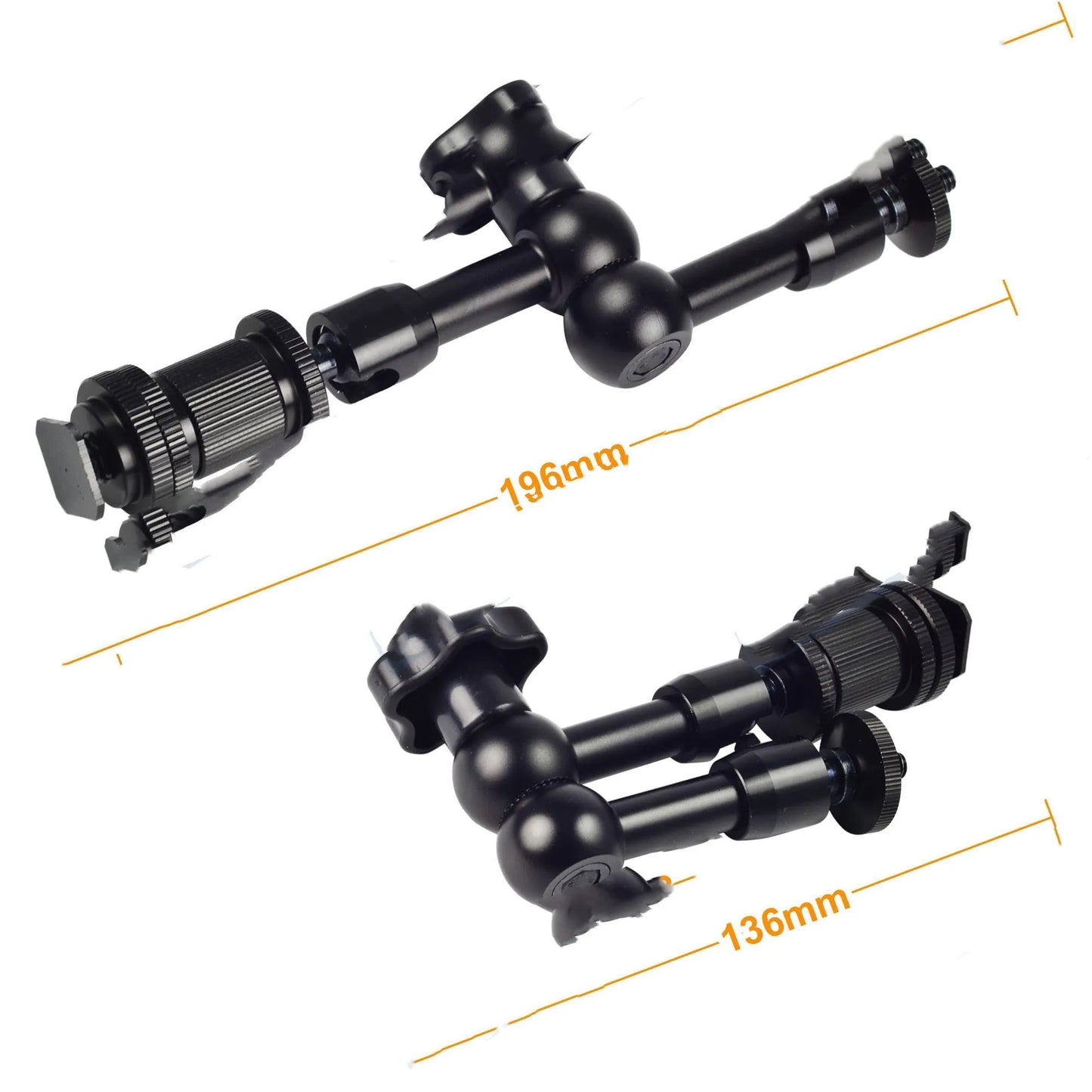 Black metal 7-inch magic friction articulating arm for DSLR camera with hot shoe mount