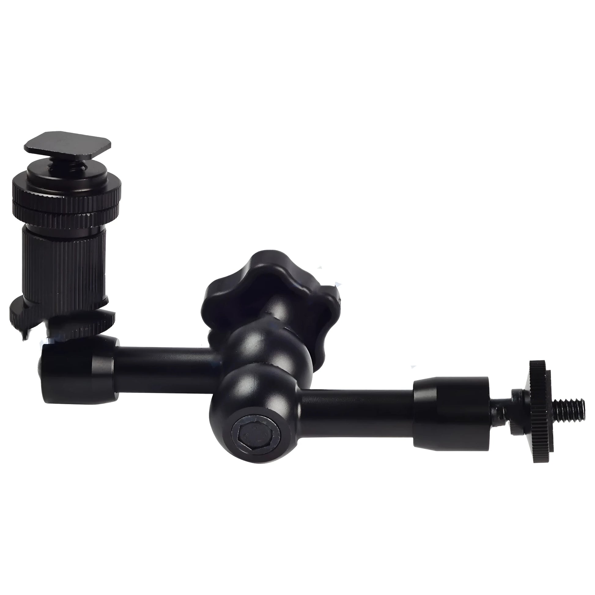 Black metal 7-inch magic friction articulating arm for DSLR camera with hot shoe mount