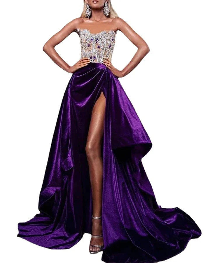 A long, shimmering sequin dress in a vibrant purple color, perfect for formal or semi-formal events.