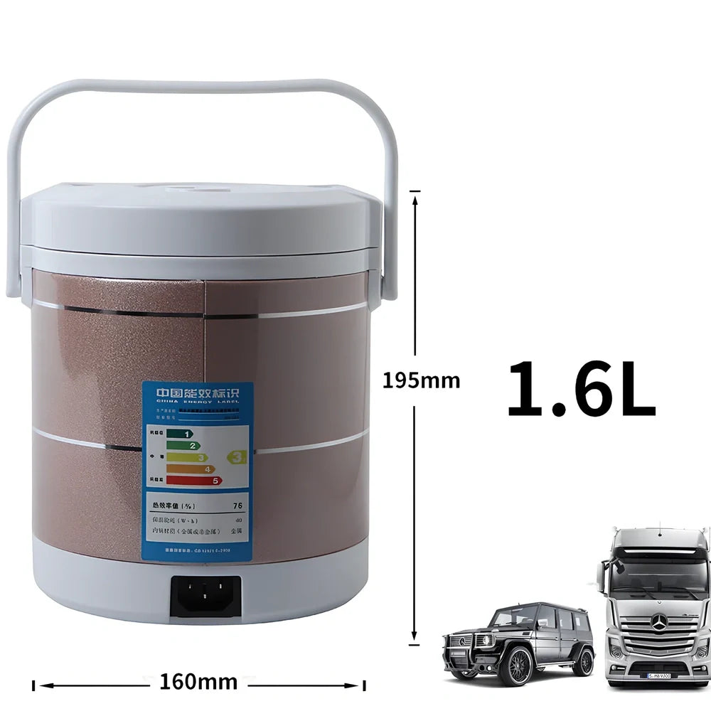 Blue cylindrical 1.6L vehicle rice cooker with cigarette lighter power cable and accessories