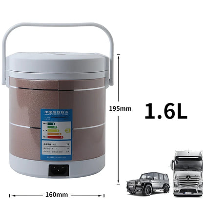 Blue cylindrical 1.6L vehicle rice cooker with cigarette lighter power cable and accessories