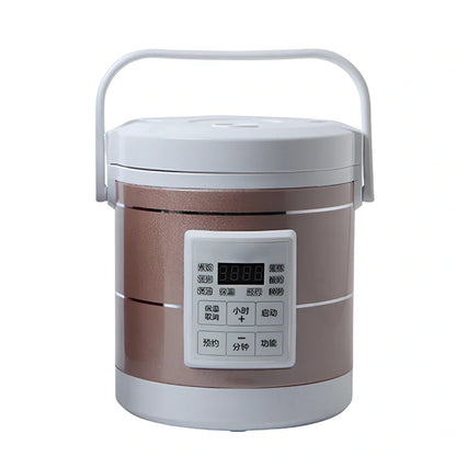 Blue cylindrical 1.6L vehicle rice cooker with cigarette lighter power cable and accessories