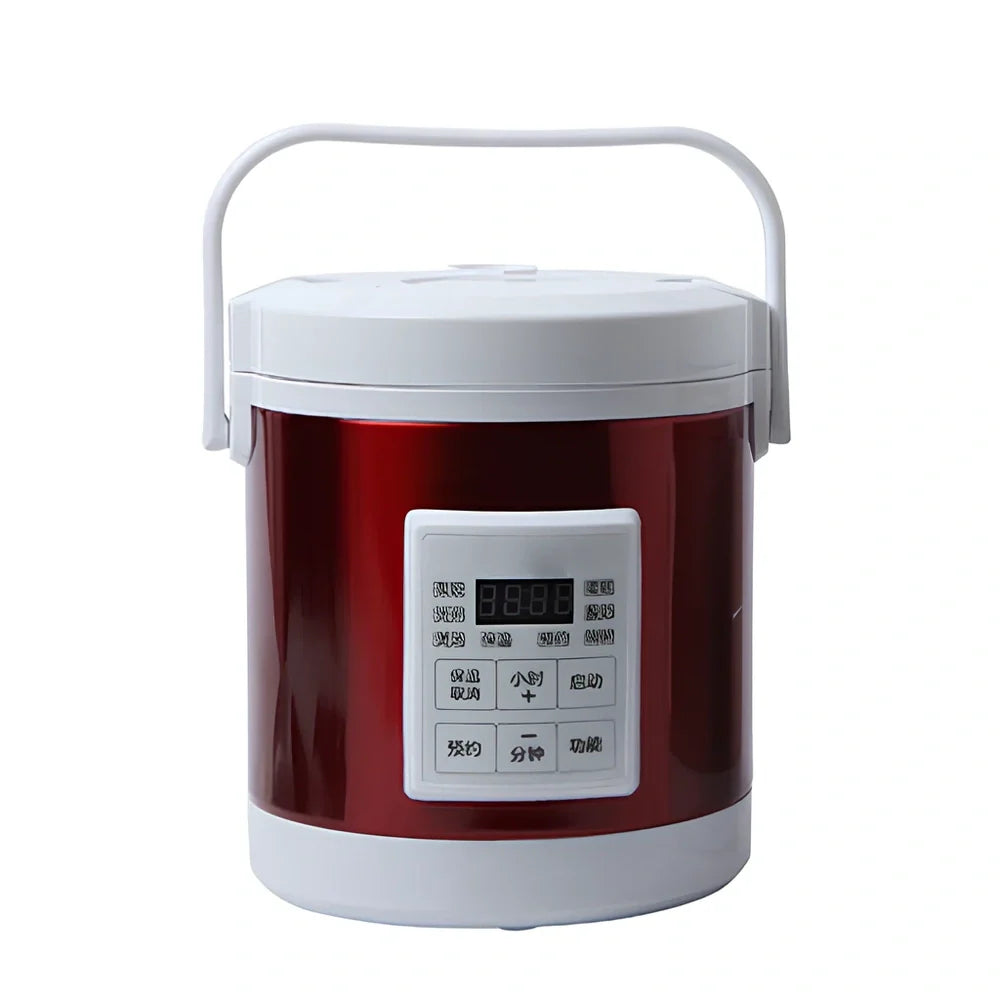 Blue cylindrical 1.6L vehicle rice cooker with cigarette lighter power cable and accessories