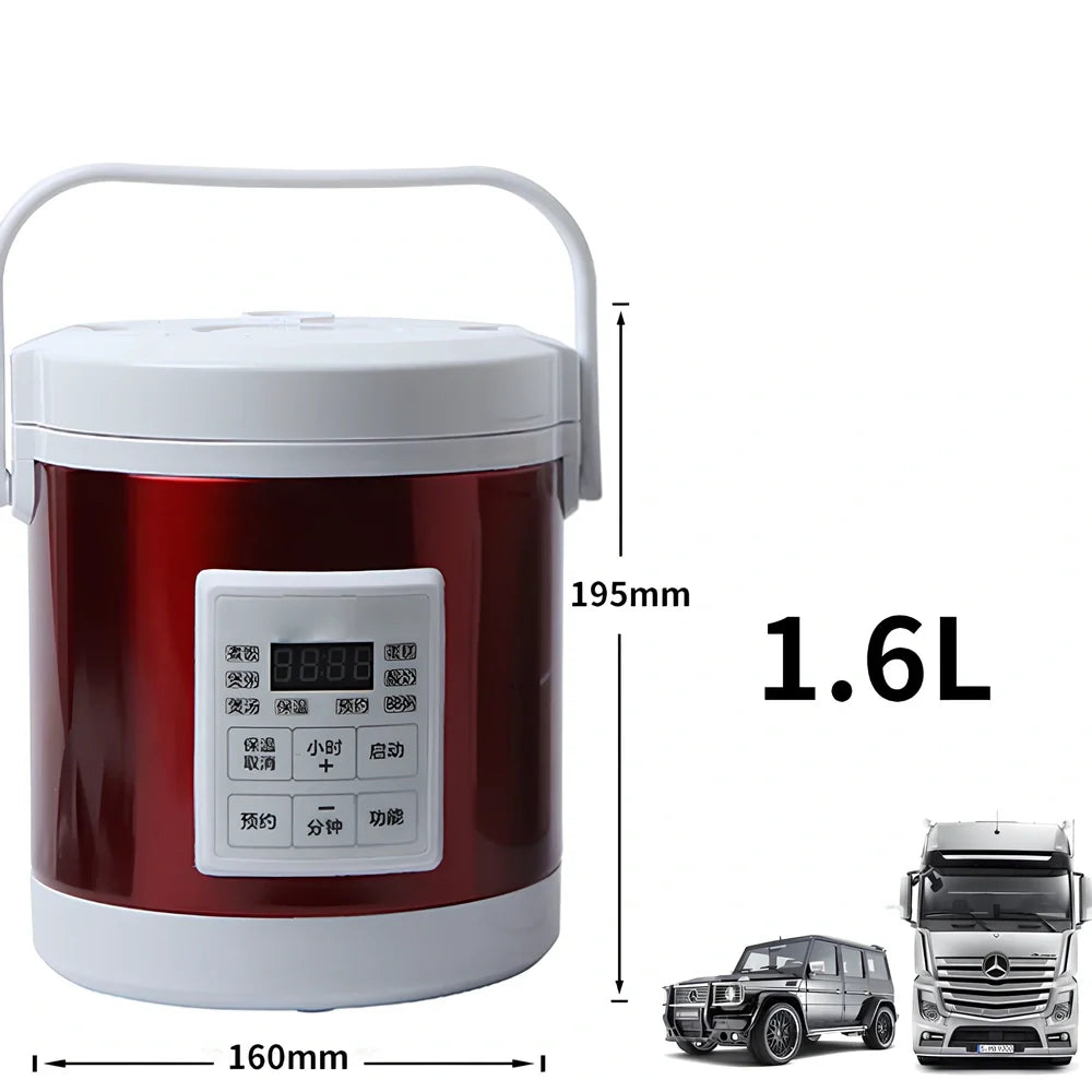 Blue cylindrical 1.6L vehicle rice cooker with cigarette lighter power cable and accessories